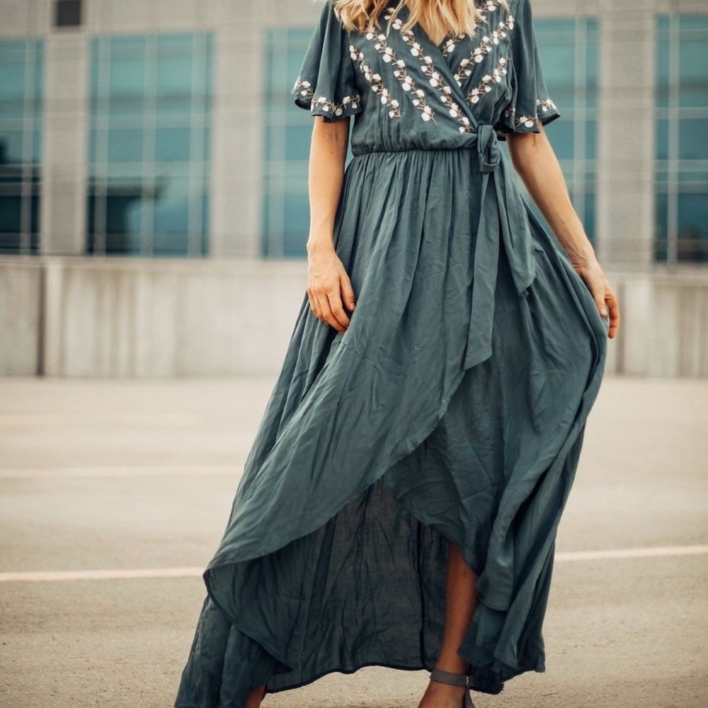 JODIFL Forest Green Dress with Floral Embroidery